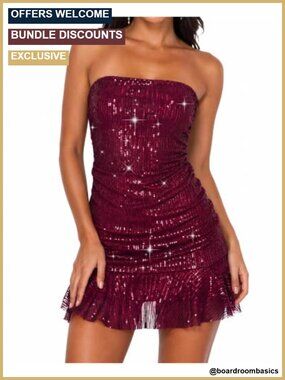 Sparkly Sequin Strapless Mini Dress Ruffle Hem Party